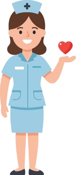 Nurse holding red heart medical care and health symbol illustration in blue uniform and cap vector