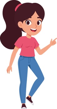 Young woman cartoon character with ponytail wearing casual clothes smiling and pointing illustration vector
