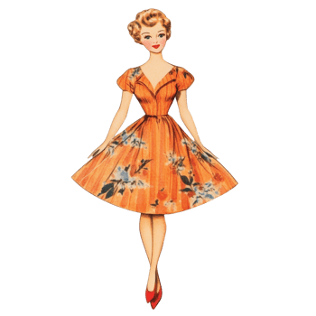Vintage transparent paper doll dressed in floral patterns from the mid20th century, A vintage paper doll, reminiscent of the 1950s era against a transparent background png