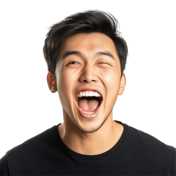 Young Asian man joyfully shouting and expressing happiness against a plain transparent background, Happy handsome young Asian man shouting isolated transparent background png