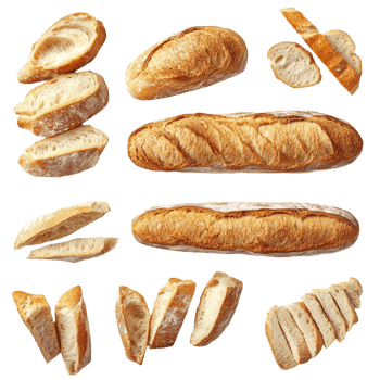 Different angles of freshly sliced baguette with crusty texture on a clean transparent background, Different angle of sliced baguette isolated png