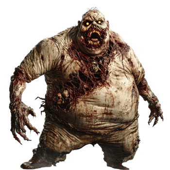 A terrifying fat zombie stands menacingly against a stark transparent background, embodying horror and dread in its appearance, Fat scary zombie on transparent background png