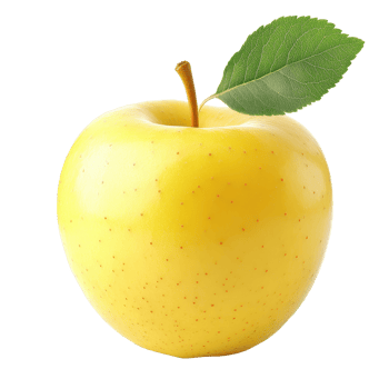 A fresh yellow apple rests elegantly against a bright transparent background, showcasing its natural shine and leaf, yellow apple on transparent background png