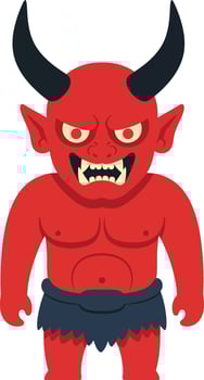 Red demon with black horns and fierce expression cartoon illustration of mythical creature with sharp teeth and muscular body vector