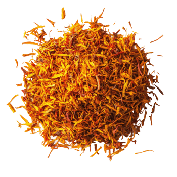 Natural saffron spice heap isolated on a transparent background showcasing vibrant color and delicate threads, Isolated heap of saffron spice png