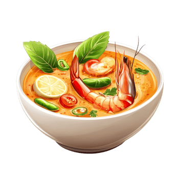 Authentic Tom Yam Kung featuring shrimp, herbs, and lime in a creamy broth on a pristine transparent background, Tom Yam Kung Thai cuisine isolated on transparent background png