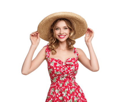Summer fashion with a cheerful woman in floral dress and hat png