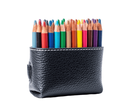 Vibrant pencil set in a black leather holder for creativity png