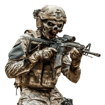 A military soldier transformed into a zombie, posing in tactical gear with a weapon against a transparent background, military soldier zombie isolated on transparent background png