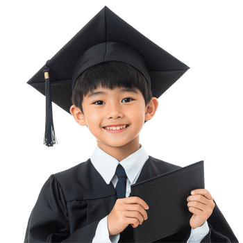 Graduating Asian school child beams with joy while holding diploma and wearing cap and gown, Happy Asian school kid graduate holding graduation cap isolated transparent background png