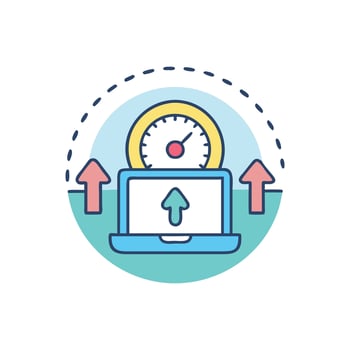 Laptop with speedometer and arrows representing data increase vector
