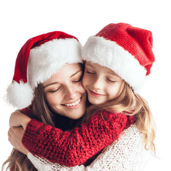 A joyful child embraces her mother while wearing Christmas attire in a festive celebration during the holiday season, Child Girl Hugging Mother in Christmas Attire on transparent background png