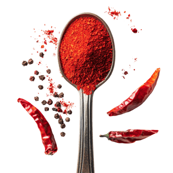 Red chili pepper powder and dried chilies in a spoon with scattered spices on a transparent background, red chili pepper powder in spoon on transparent background png