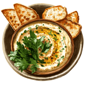 Delicious hummus garnished with fresh greens served with toasted bread on a rustic plate, portion of hummus with greens and toasts png