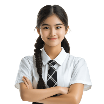 Happy Asian student girl in school uniform, confidently posing for a portrait with arms crossed in bright light, Happy pretty Asian student girl in school uniform isolated transparent background png