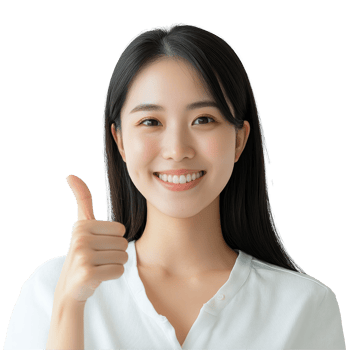 Happy Asian woman giving a thumbs up while smiling in a bright indoor setting during daytime, Portrait happy Asian woman shows thumb up and looking at the camera transparent background png