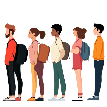 Diverse group of young adults patiently waiting in line with backpacks in casual attire, file no background Diverse people waiting patiently in line png
