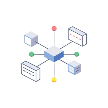 Isometric network connecting cubes and circles on White Background vector
