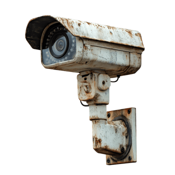 Weathered surveillance camera mounted on wall, monitoring an outdoor area during the day, Security Camera transparent background Isolated Surveillance png