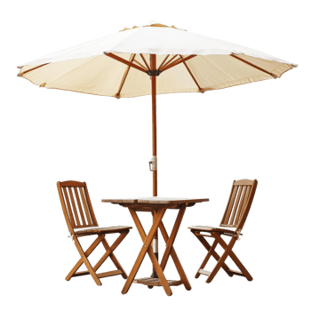 Isolated wooden table and chairs with a large parasol umbrella for outdoor relaxation and dining, Table with Chair and Parasol Umbrella Isolated on transparent background png
