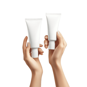 Hands holding mockup beauty cream tubes against a soft, neutral background for product showcasing, Hand holding cream tubes mockups, beauty product packages, cosmetic packs isolated on transparent, png