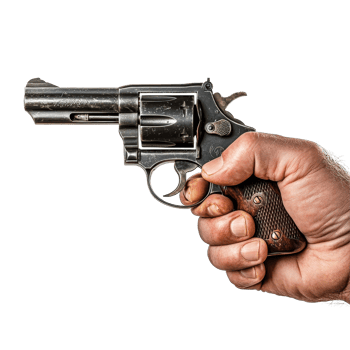 A hand firmly grips a revolver against a stark transparent background in a poised display of firearm readiness, Hand Holding Revolver on transparent background png