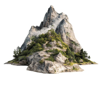 A serene mountain island surrounded by calm waters and lush greenery under a bright, clear sky, Mountain Island on transparent background png
