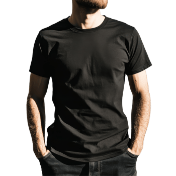 Mockup of a black tshirt worn by a man with hands in pockets against a bright background, black tshirt mockup on a man, file of isolated object with shadow on transparent background png