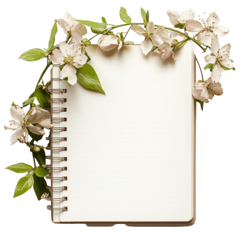 A delicate flower arrangement atop a blank notebook resting on a clean transparent surface, Flower with notebook on a transparent background png