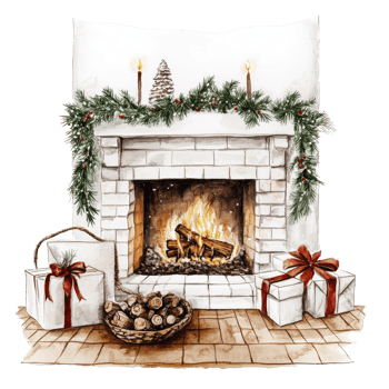 Cozy Christmas fireplace adorned with greenery, candles, and holiday gifts creating, Cozy Christmas Fireplace and Hearth Minimalistic Watercolor Illustration on transparent background png