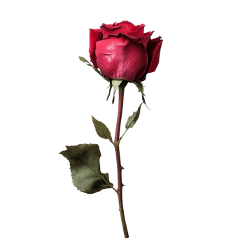 A single red rose placed on a clean transparent background, showcasing its vibrant petals and green leaves, rose on transparent background png