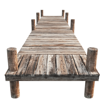 Wooden pier extending into the distance against a clean transparent background, perfect for serene coastal settings, Wooden Pier Isolated on transparent background png