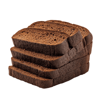 Sliced black rye Borodino bread arranged in a stack on a transparent background showcasing its dark texture and crust, black rye borodino bread png