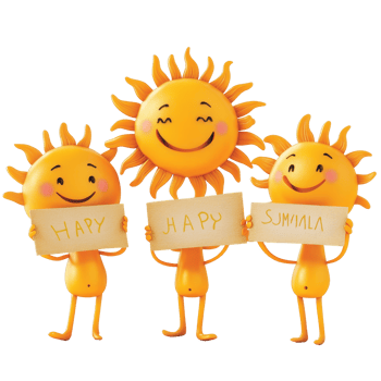 Smiling sun characters joyfully holding summer signs while celebrating the warm sunny season, Smiling Sun Characters Holding Happy Summer Signs on transparent background png