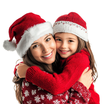 A joyful child girl embraces her mother in matching Christmas attire, celebrating the festive season with hugs and warmth, Child Girl Hugging Mother in Christmas Attire on transparent background png