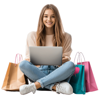 Happy young woman smiling and shopping online with bags around her while sitting comfortably, file no background Happy young woman shopping online png