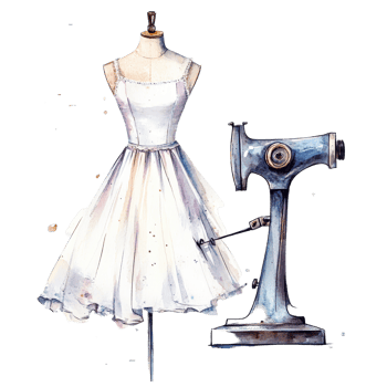Charming watercolor fashion illustration featuring a sewing dress form and vintage sewing machine on a transparent background, fashion floral sewing illustration transparent background png