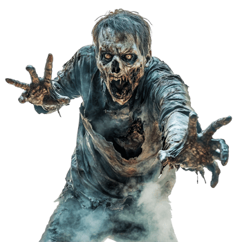 A terrifying zombie with a grotesque appearance reaching out menacingly on a stark transparent background, Scary Zombie Horror Concept on transparent background png