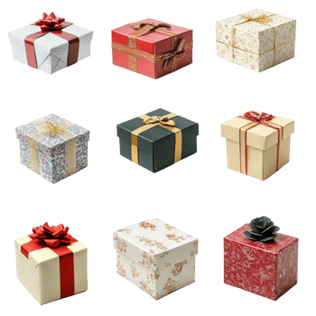 Various decorative gift boxes arranged in a grid for festive occasions and celebrations, Various type of gift boxes png