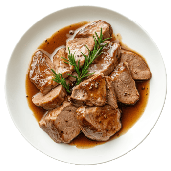 Delicious veal slices in savory sauce garnished with fresh rosemary on a transparent plate, slices of veal cooked in a sauce dish isolated on transparent background png