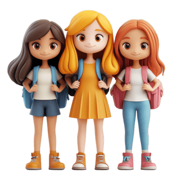 Group of three cheerful student girls in colorful outfits with backpacks against a transparent background, Student Girls 3D Cartoon Character Group on transparent background png