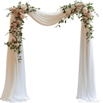 Elegant draped wedding arch adorned with spring flowers in a serene outdoor setting, Draped wedding arch with spring flowers and transparent fabric isolated on transparent background png