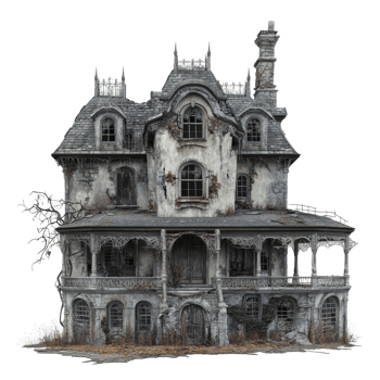 Exploring an eerie abandoned mansion ideal for Halloween in a haunting landscape, abandoned dilapidated house mansion for halloween, file of isolated object on transparent background png