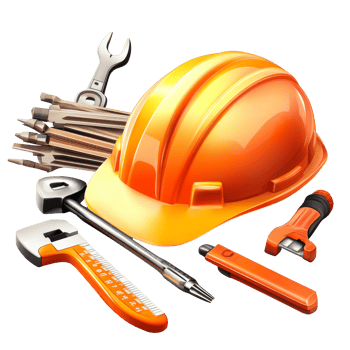 Essential construction tools and a safety helmet arranged on a work surface, highlighting preparation for a building project, Construction tools with safety helmet Stock Illustration png