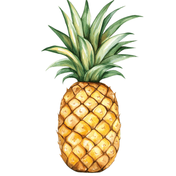 Charming watercolor cartoon pineapple with vibrant leaves on a clean transparent background for cheerful decor, cute cartoon pineapple on a transparent background png