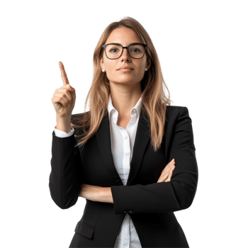 Confident businesswoman pointing upward in a sleek black suit against a clean transparent background, Confident Businesswoman Pointing Upward on transparent background png