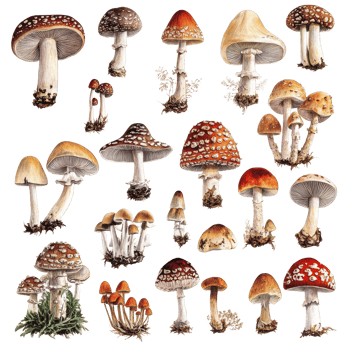 Various types of retro vintage mushrooms in a detailed botanical illustration, Various types of retro vintage mushroom big transparent background png