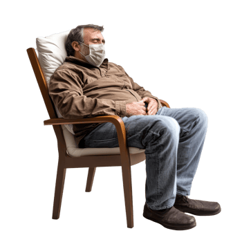 A patient wearing a mask sitting in a chair, showing symptoms of cold and flu during a health crisis, file no background Patient with cold and flu sitting on a chair png