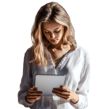 A young woman engrossed in her tablet while enjoying a quiet moment in a serene setting, attractive girl using tablet, file of isolated object with shadow on transparent background png