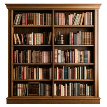 Collection of books on a wooden bookcase against a white background with a variety of genres displayed, bookcase with many books on it png